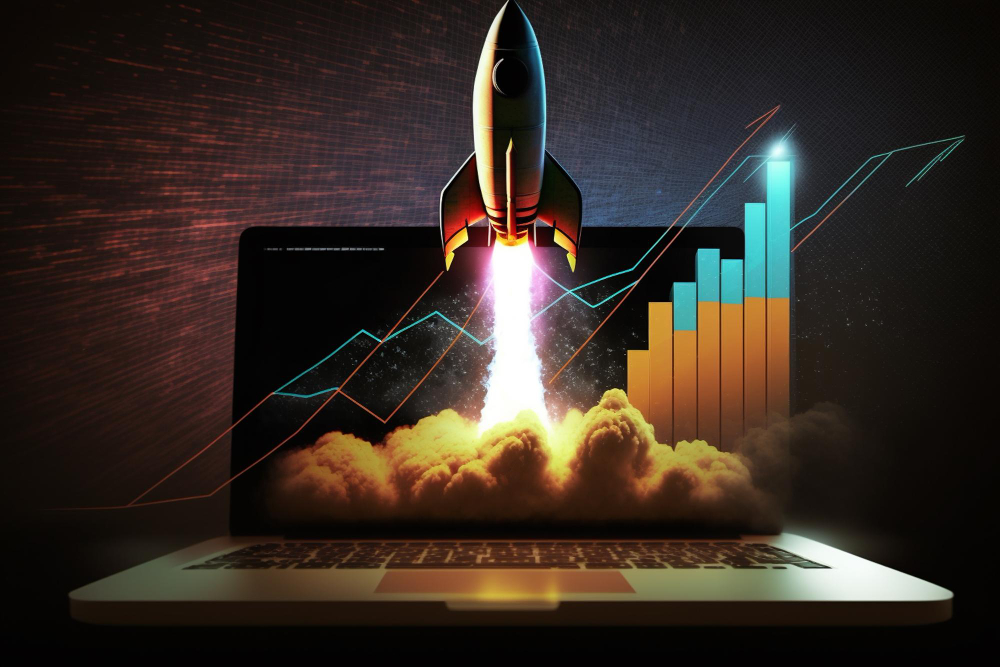 Um laptop com um foguete decolando e um gráfico mostrando tendência de alta